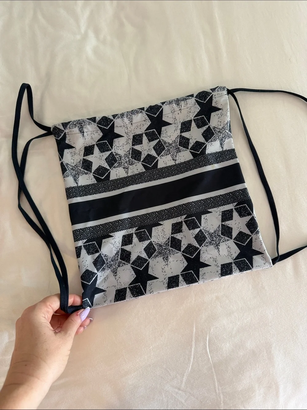Dior Black and White Drawstring Belt Bag with Star Motif